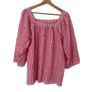 CHAPS PINK/WHITE STRIPED COTTON FLOWY TOP/BLOUSE WITH SQUARE NECKLINE, LARGE